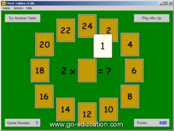 Clock tables, multiplication tables game
